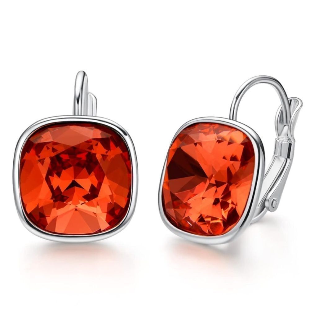 18K White Gold with Ruby Red CZ Cushion Cut Bella Drop Leverback Earrings